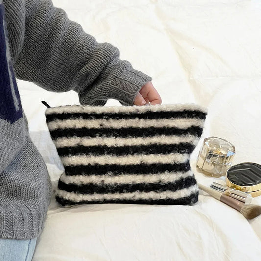Korean Vintage Plush Striped Makeup Bag Set Retro Fashion Travel Cosmetic Case for Girls Large Capacity Cosmetics Organizer - Ice Cream Cake