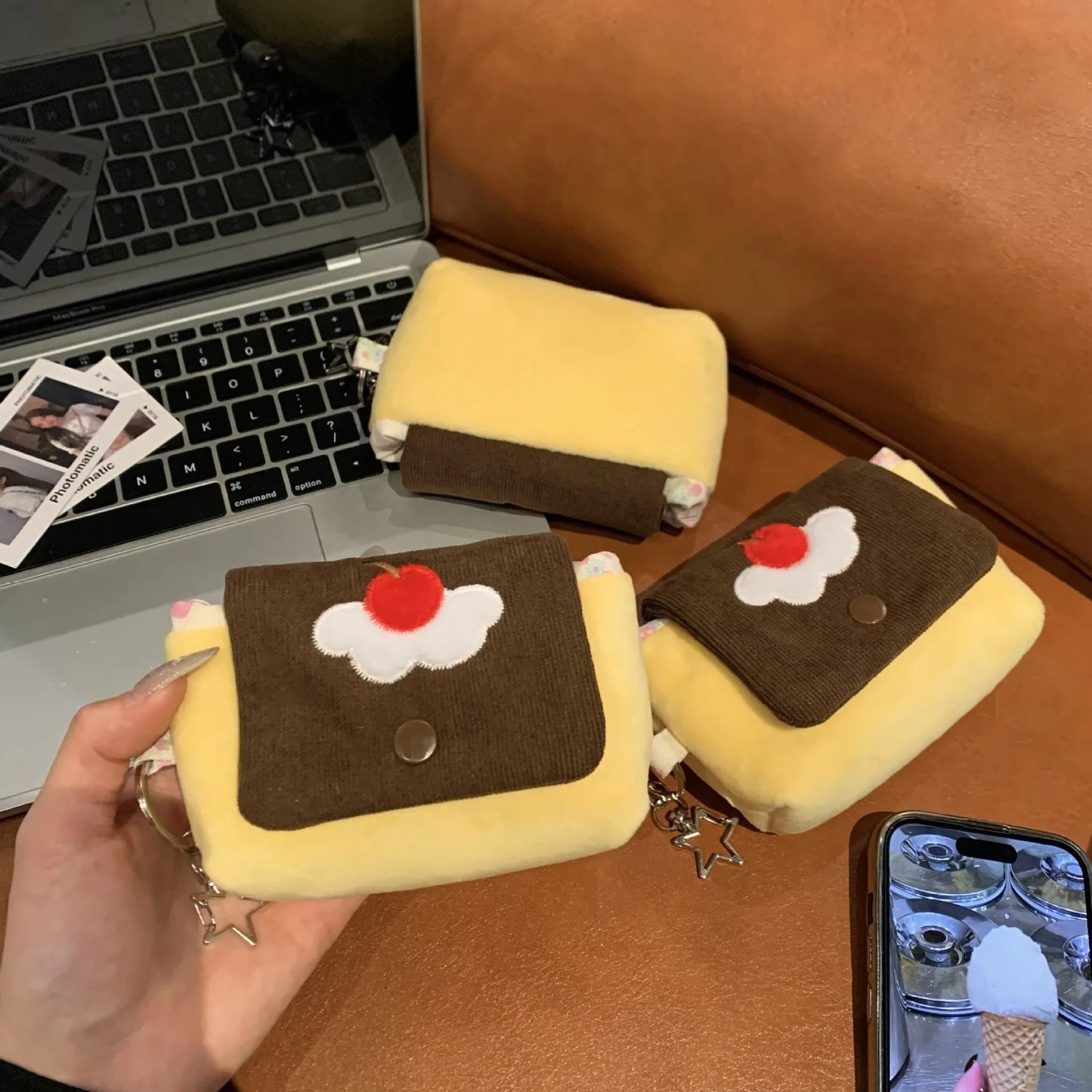 Multifunctional Small Pouch for Girls Cute Cherry Pudding Plush Coin Purse Mini Cartoon Portable Wallet for Cards Earphones Case - Ice Cream Cake
