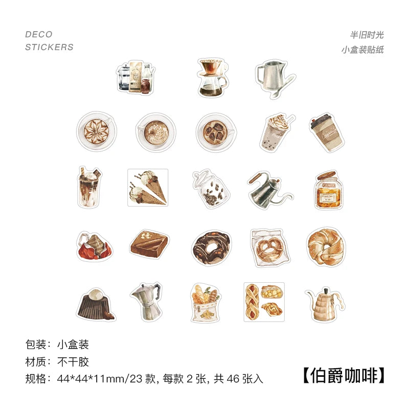 A sheet of coffee-themed die-cut stickers arranged on a white background, with Chinese text describing the product. The stickers depict various coffee-related items such as pour-over coffee makers, cups, pastries, and desserts in muted warm tones.