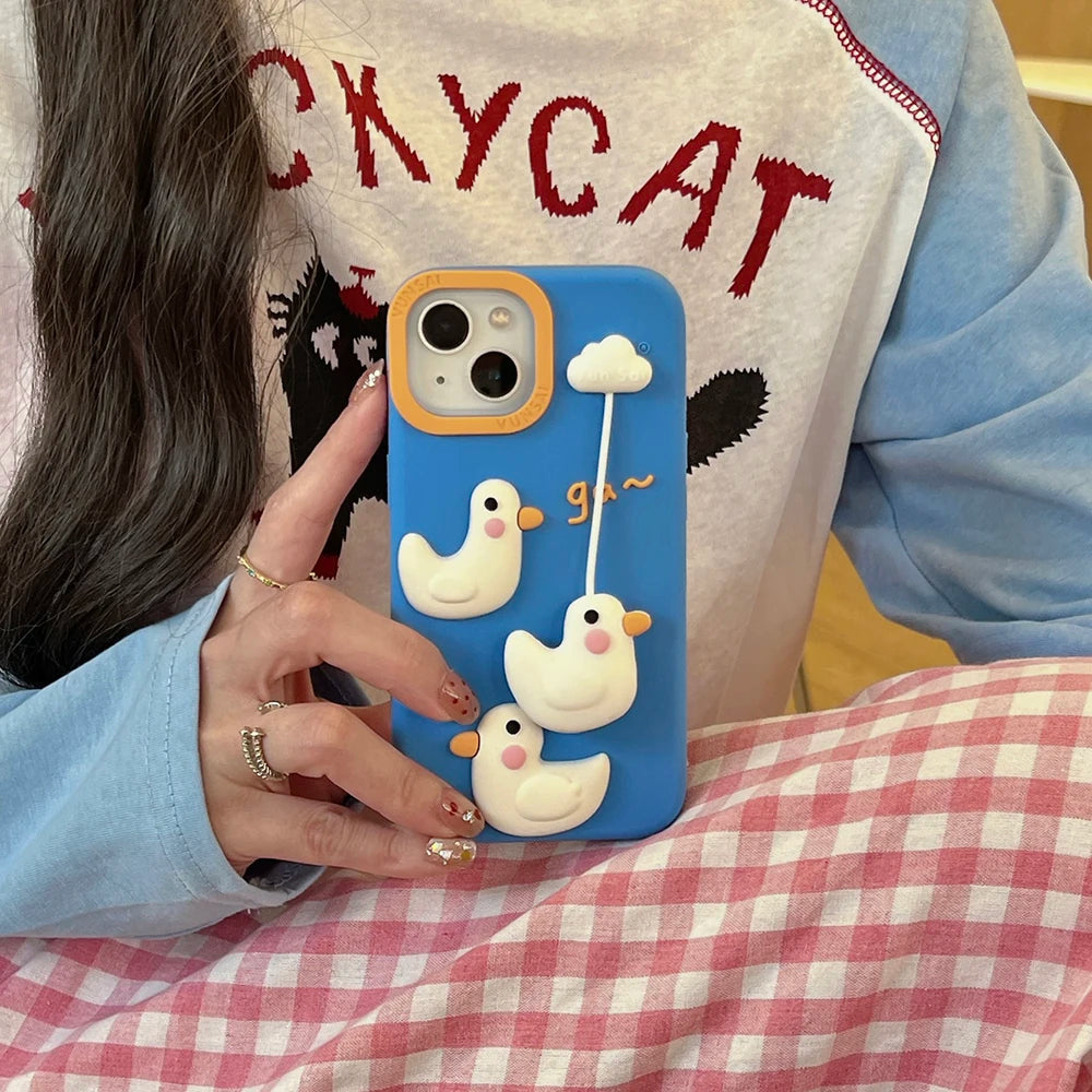 Cute 3D Duck Pendant Shockproof Cover Cartoon Shatter Silicone Soft Phone Case For iPhone 17 16 15 14 13 12 Pro Max - Ice Cream Cake