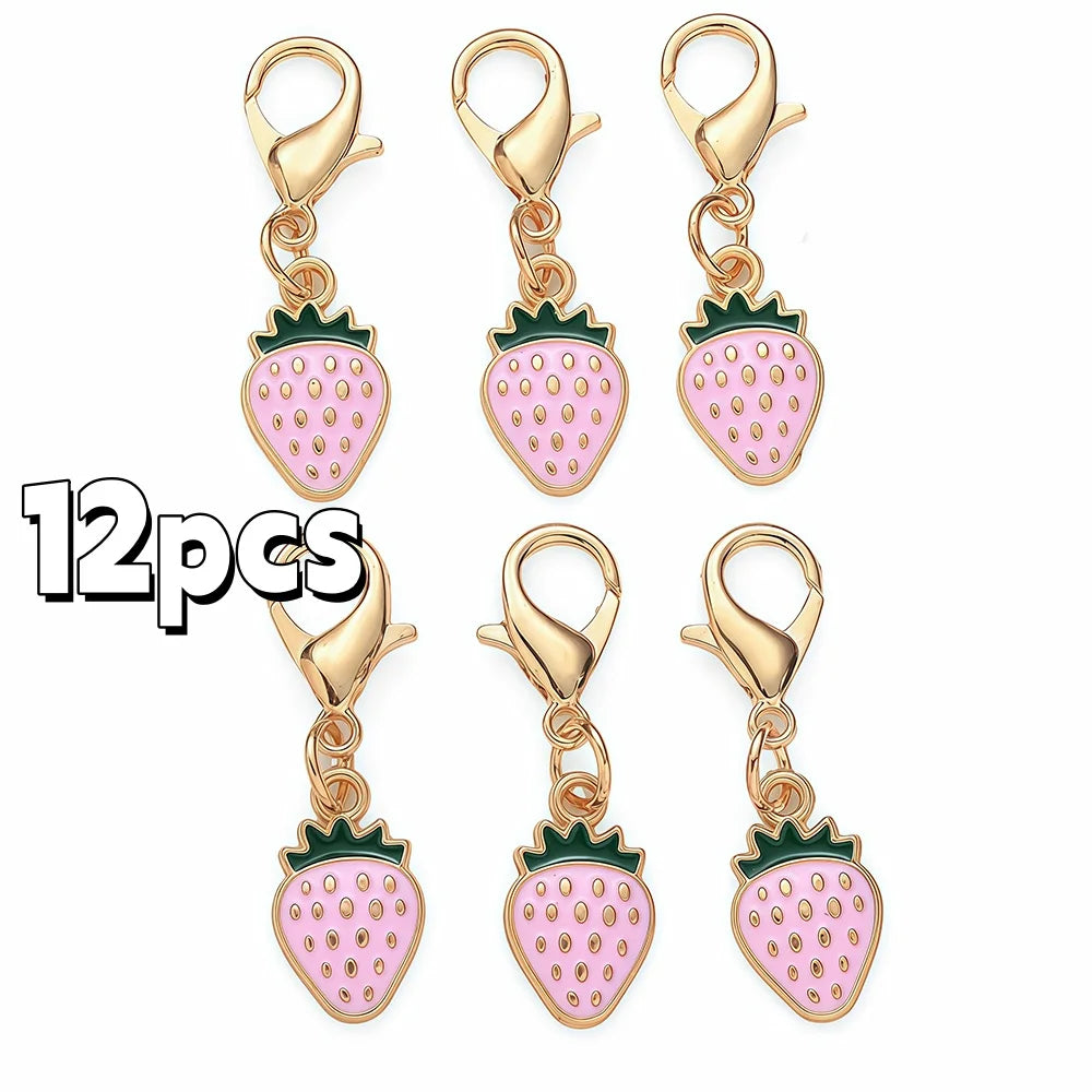 12PCS Golden Alloy Enamel Strawberry Charms - 3.3cm Random Mixed Color DIY Jewelry Accessories for Keychains, Bags & Pendants - Ice Cream Cake
