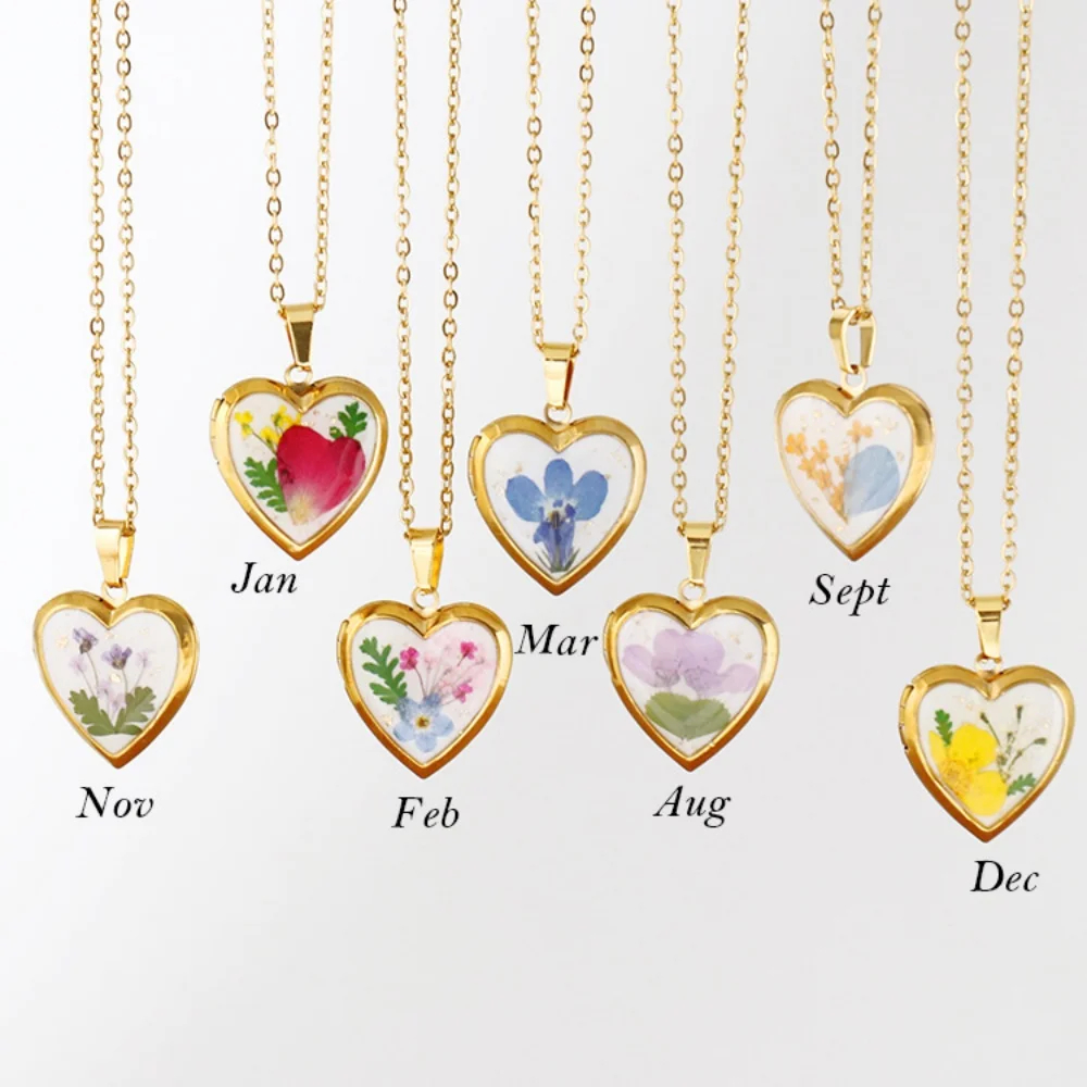 Heart Shaped Birth Flower Locket Pendant Necklace (12 Designs) - Ice Cream Cake