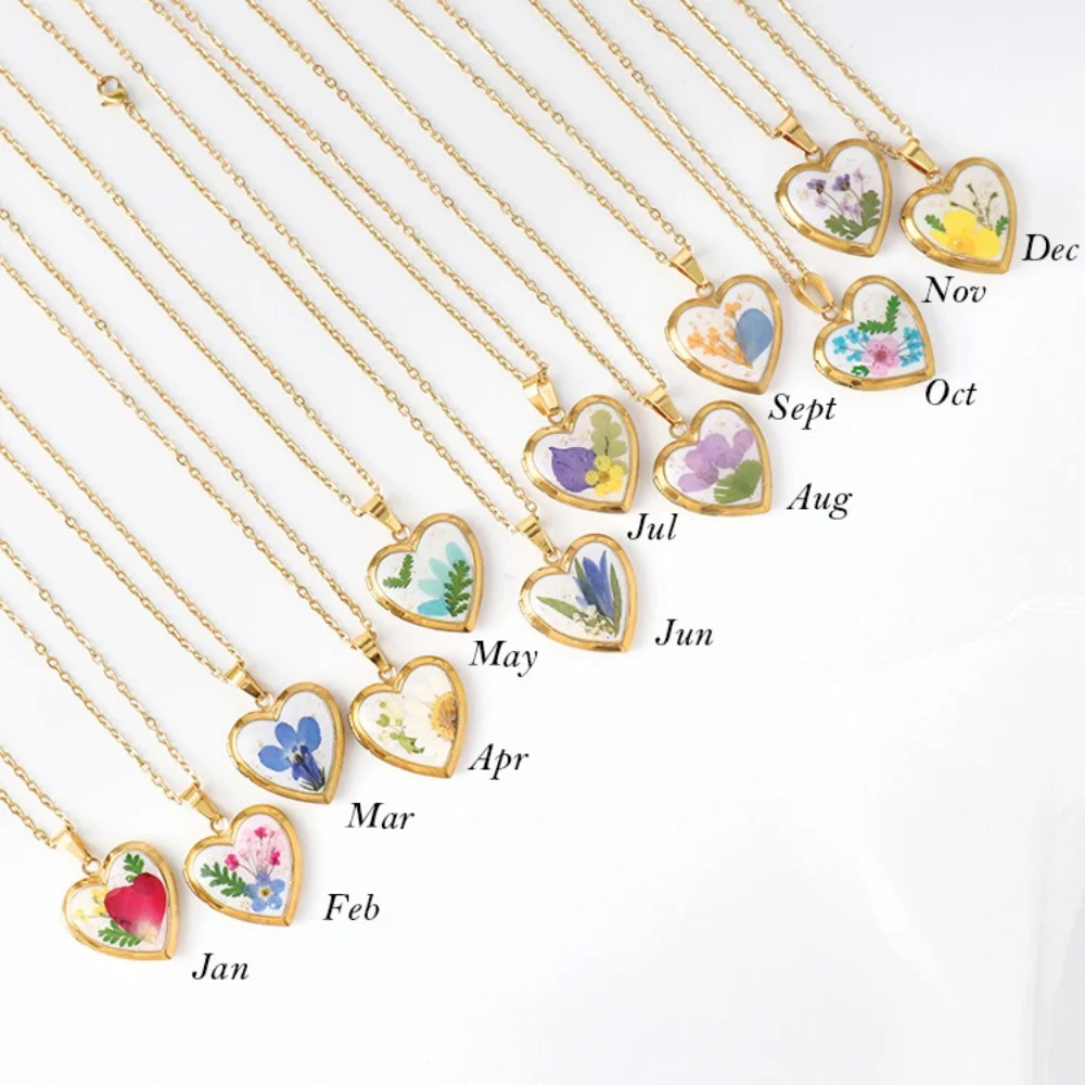 Heart Shaped Birth Flower Locket Pendant Necklace (12 Designs) - Ice Cream Cake