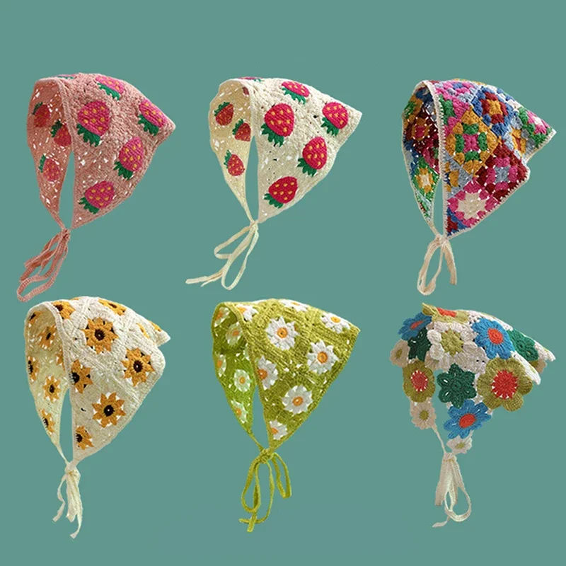 Crochet Flowers Triangle Scarf (12 Colours)