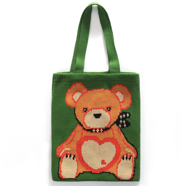 Green Knitted Teddy Bear Tote