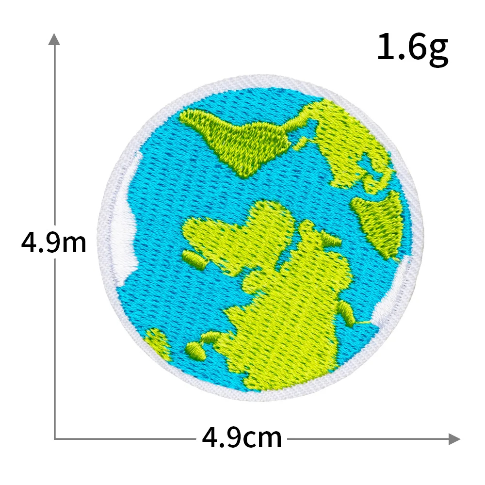 Embroidered patch of a world map with measurements and weight displayed.