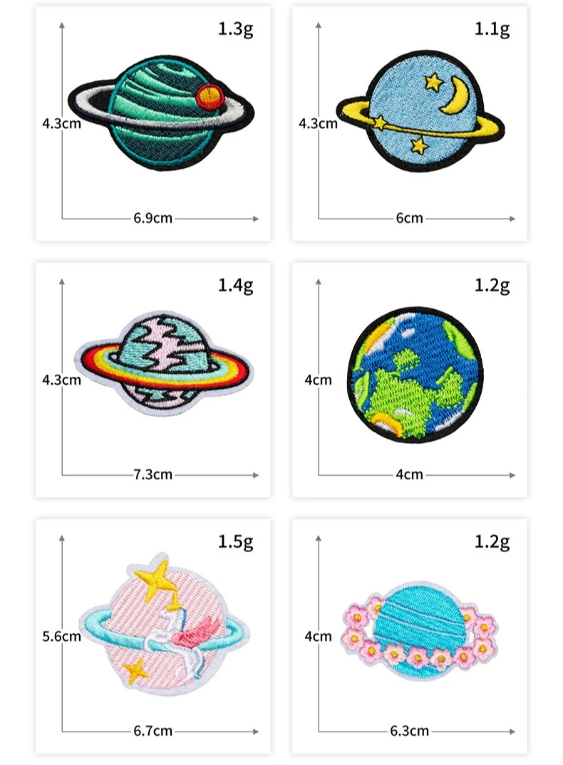 Various planet-themed patches with measurements on a white background