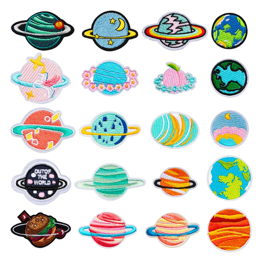 Collection of colorful planet-themed patches on a white background