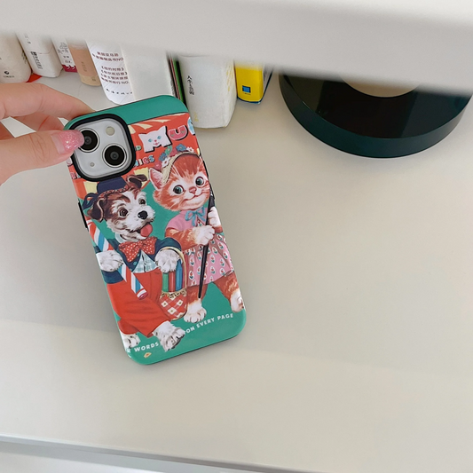 Cute green and red iPhone cover featuring a nostalgic retro children's book style illustration of a cat and dog taking a walk.