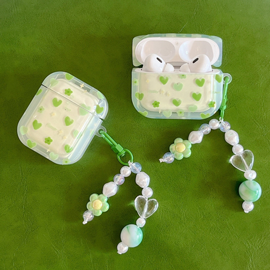 Green Hearts AirPods Case Cover Wth Charm Strap