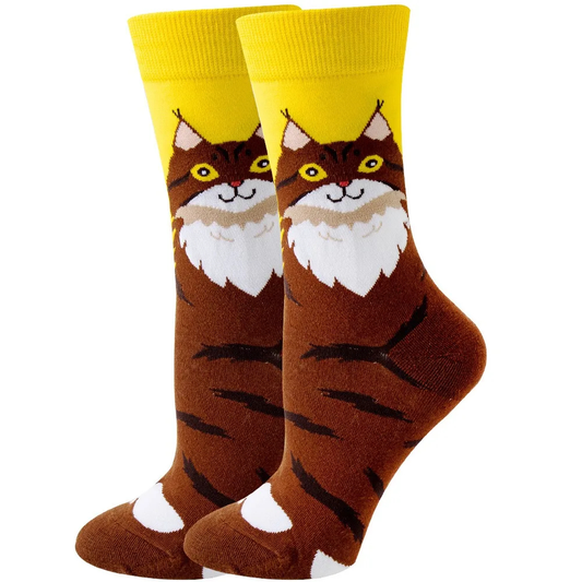 Pair of socks with cat design on a white background