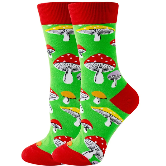 Red and green crew socks with an allover mushroom pattern.
