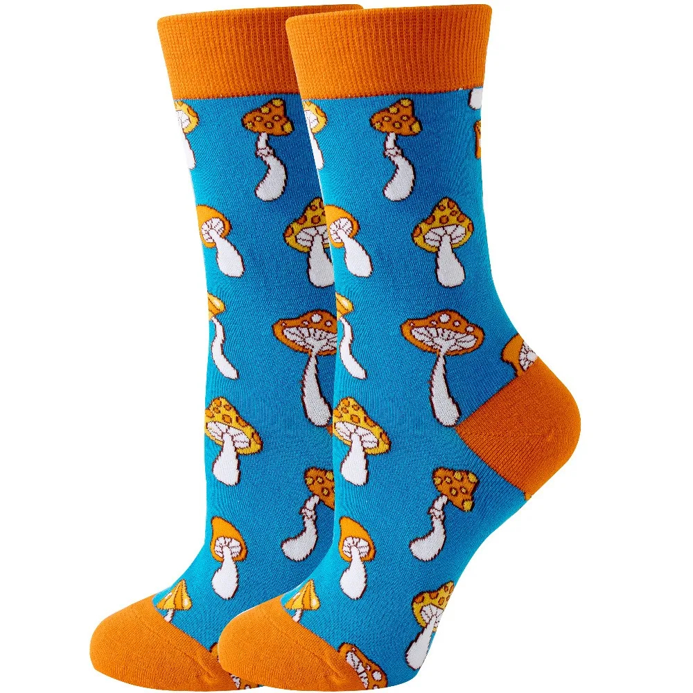 Orange and blue crew socks with an allover mushroom pattern.