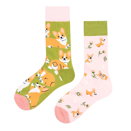 Two socks with corgi dog patterns on a white background