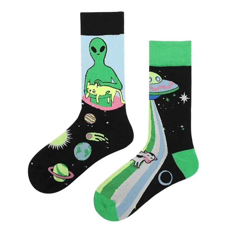 Mismatched UFO Alien Cat Dad Crew Socks - Ice Cream Cake
