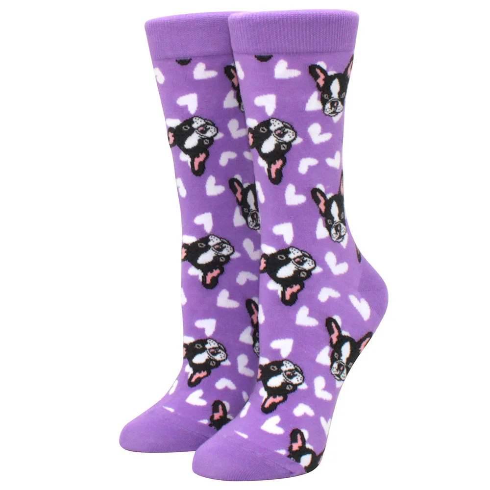 Purple socks with French bulldog and heart pattern on a white background