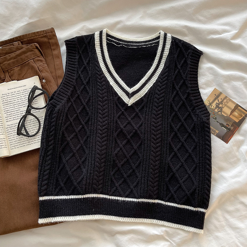 Dark Academia Contrast Stripe Cable Knit Sweater Vest (5 colours)