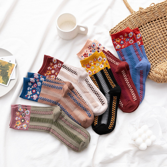 Floral Cottagecore Mixed Pattern Crew Socks (6 Colours)