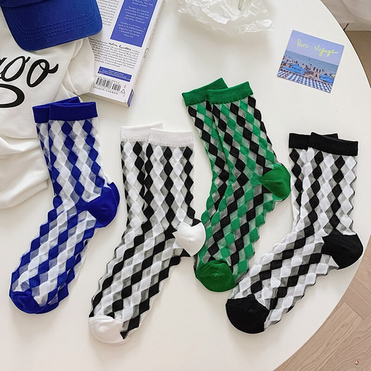 Transparent Diamond Pattern Crew Socks (4 Colours)