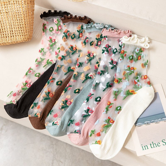Transparent Ruffle Flower Crew Socks (5 Colours)