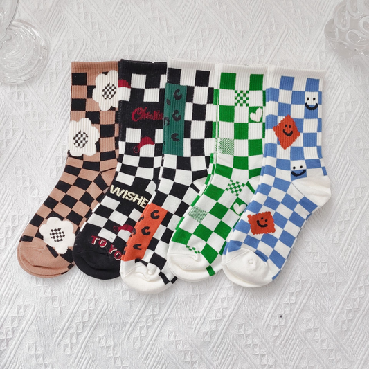 Checkerboard Pattern Crew Socks (5 Designs)