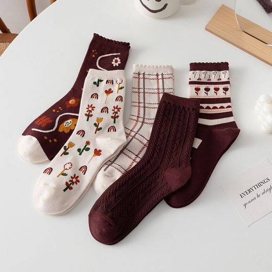 Chocolate Brown Cottagecore Crew Socks (5 Designs)