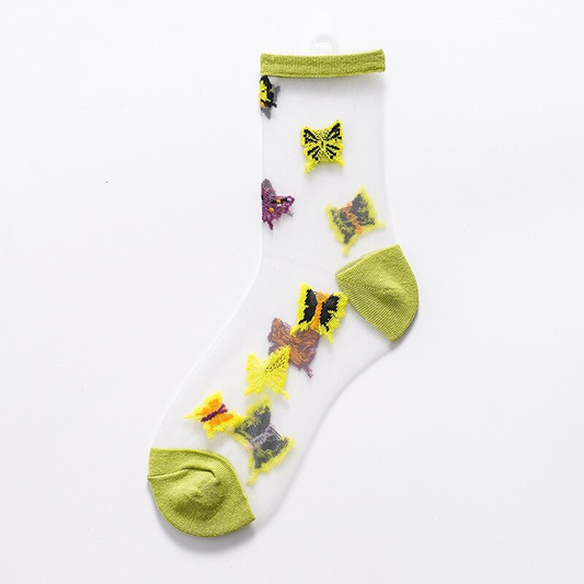 Sheer Embroidered Butterfly Pattern Crew Socks (2 Colours)