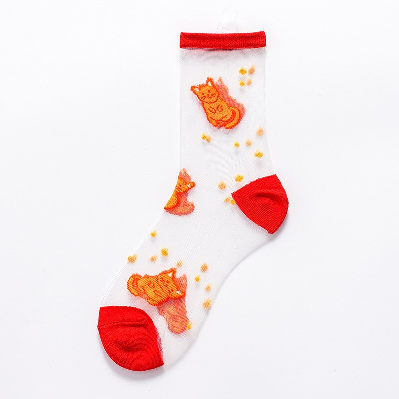 Sheer Embroidered Ginger Cat Pattern Socks