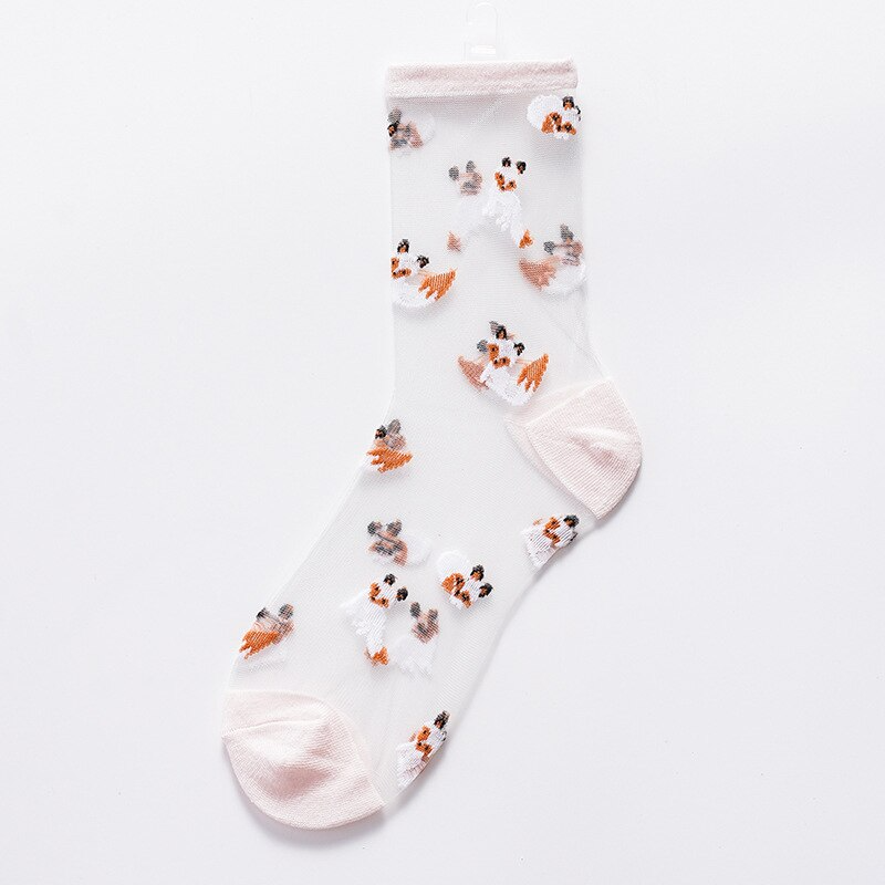 Sheer Embroidered Fox Pattern Socks (2 Colours)