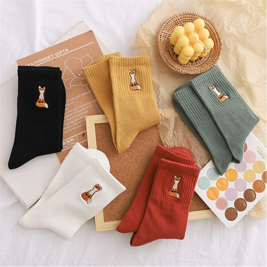Fox Embroidery Crew Socks (5 Colours) - Ice Cream Cake