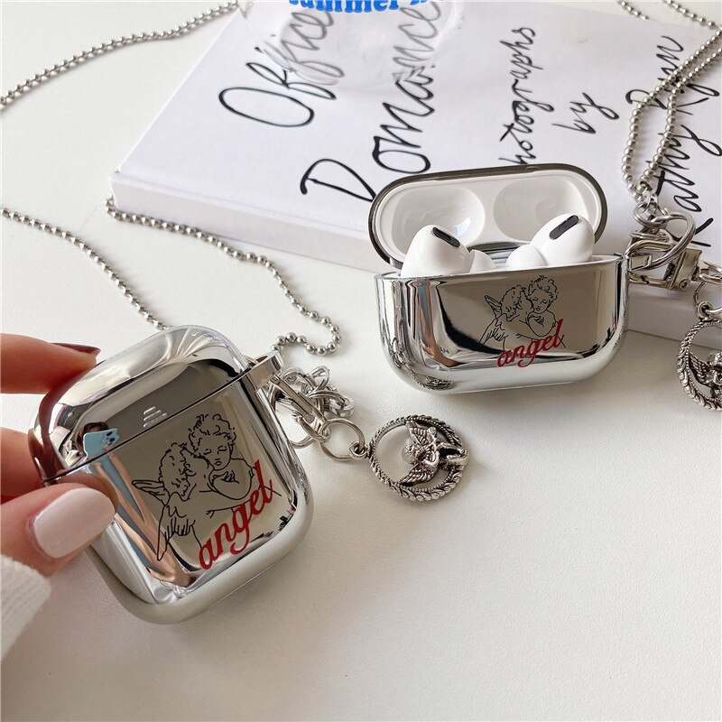Mirrored Angel Airpod Case Cover with Necklace Chain Strap