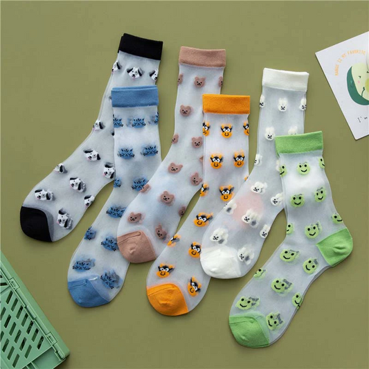 Sheer Embroidered Animal Face Pattern Socks (6 Colours)