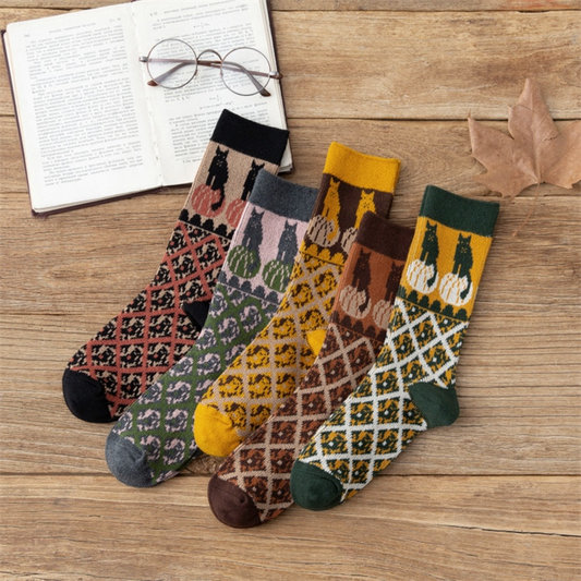 Pumpkin Cat Pattern Crew Socks (5 Colours)