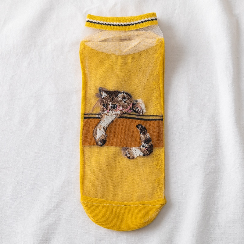 Sheer Embroidered Kitten Sneaker Socks (6 Colours)