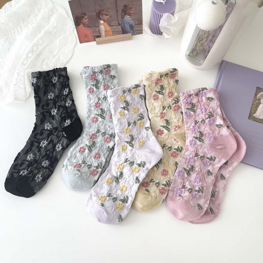 Textured Floral Crew Socks (5 Colours)