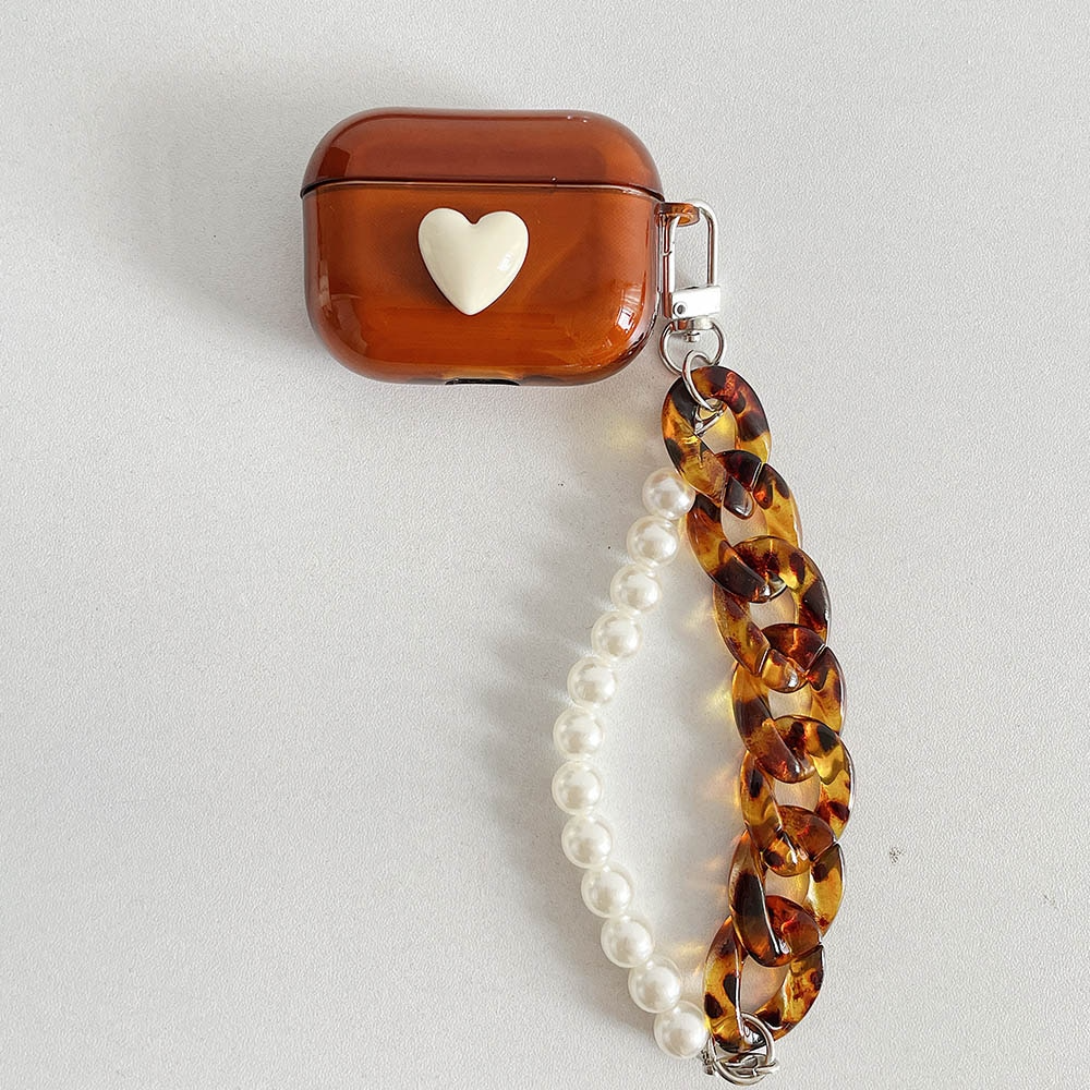 White Heart and Tortoiseshell Pearl Strap Airpod Case Cover