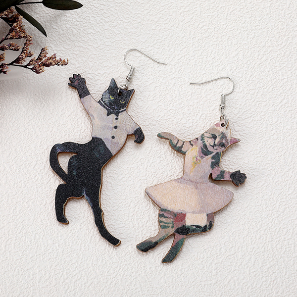 Wooden Dancing Cats Earrings