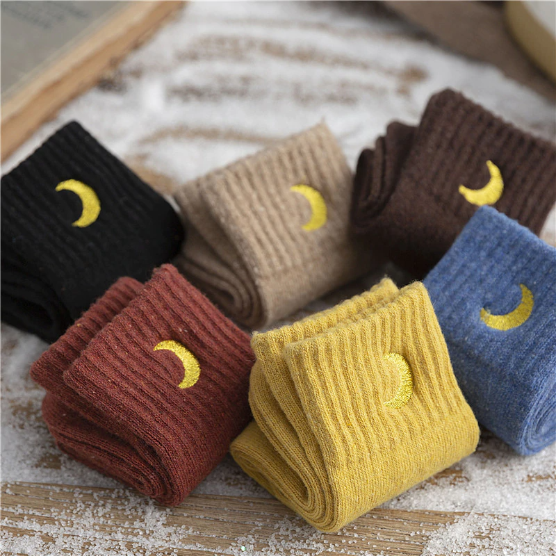 Crescent Moon Embroidery Ankle Socks (6 Designs)