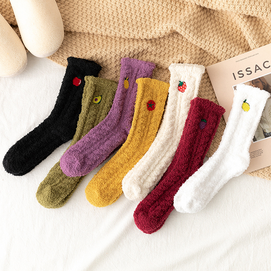 Fuzzy Fruit Embroidery Crew Socks (7 Designs)