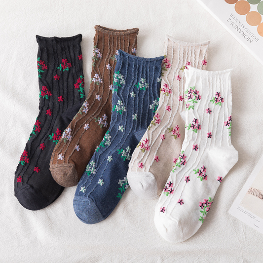 Textured Floral Vine Crew Socks (5 Colours)