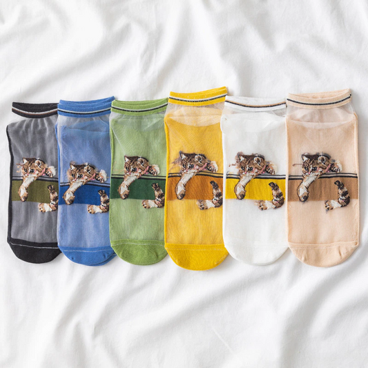 Sheer Embroidered Kitten Sneaker Socks (6 Colours)