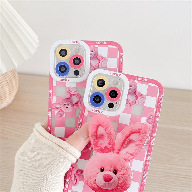 Pink Checkerboard iPhone Case with Plush Bunny Pattern and Grip