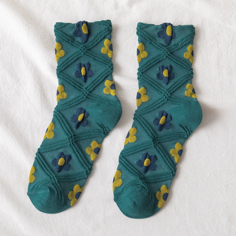 Textured Flower Crew Socks (5 Colours) - Ice Cream Cake