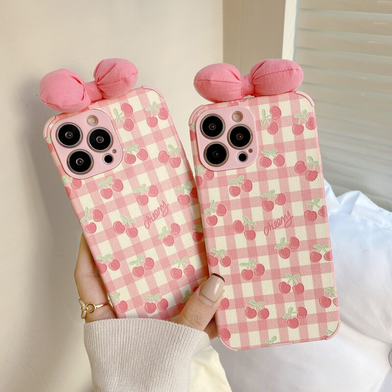 Gingham Cherry Pattern iPhone Case with Bow