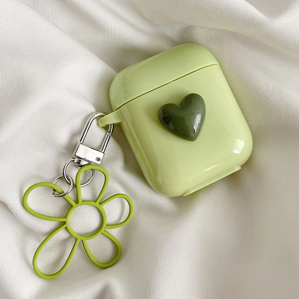 Matcha Green Heart and Daisy Charm Airpod Case Cover