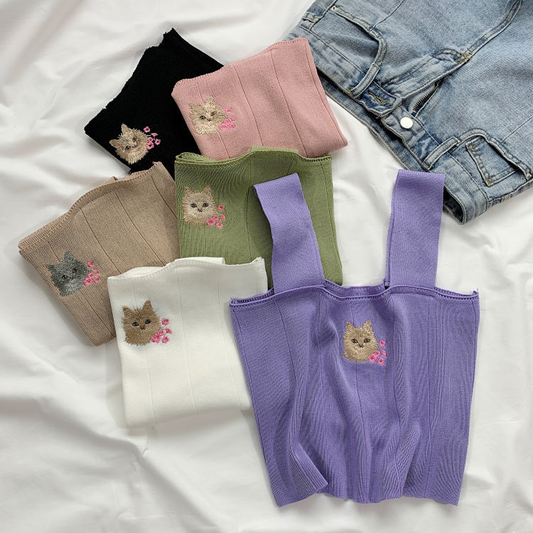 Flower Cat Embroidery Knitted Crop Top (6 Colours)