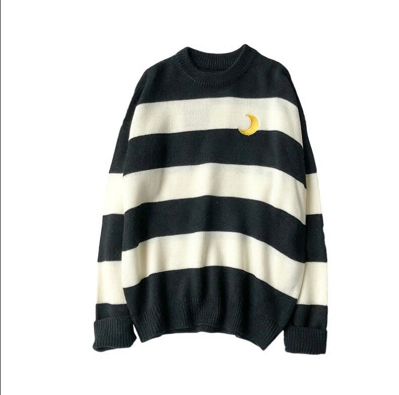Striped Knit Moon Embroidery Jumper - Ice Cream Cake