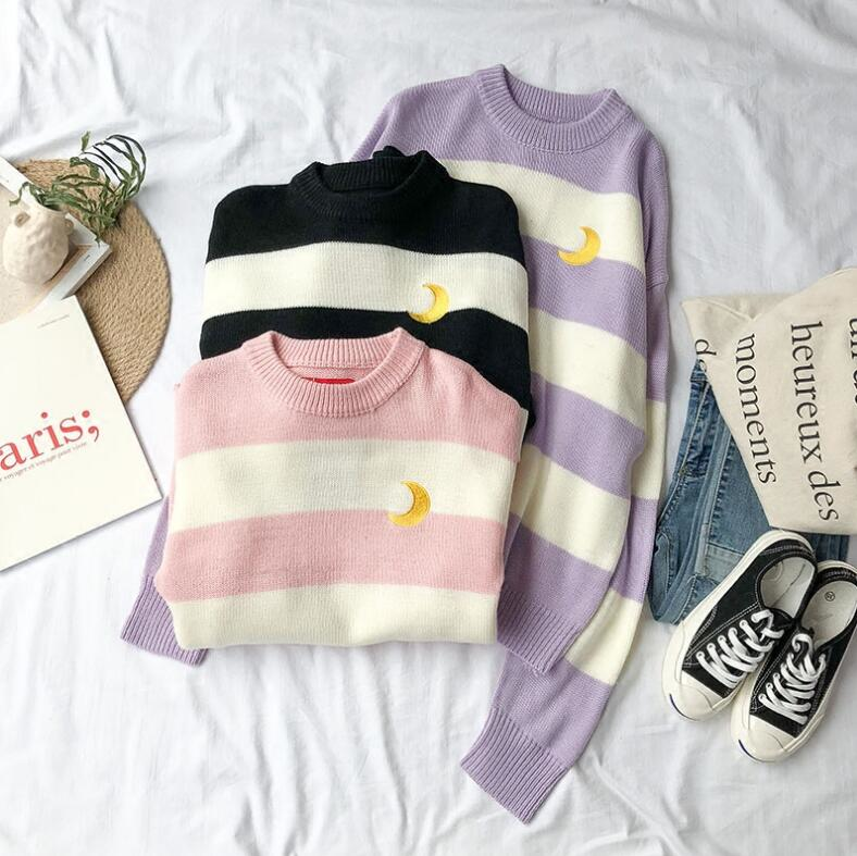 Striped Knit Moon Embroidery Jumper - Ice Cream Cake