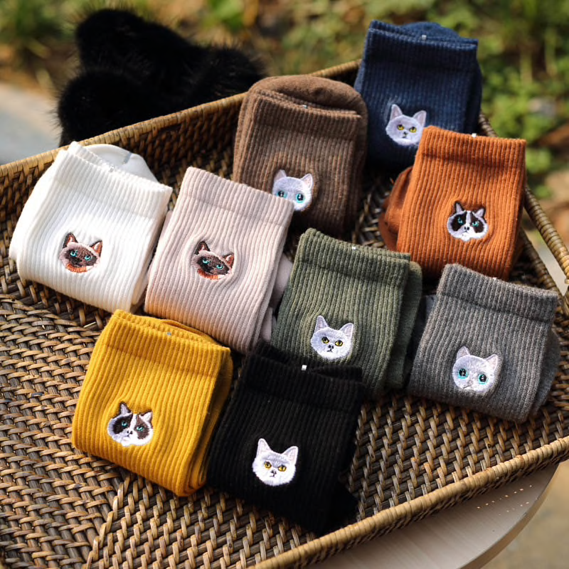 Cat Face Embroidery Ankle Socks (9 Colours) - Ice Cream Cake