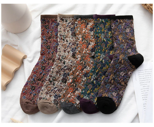 Winter Textured Flower Crew Socks (5 Colours)